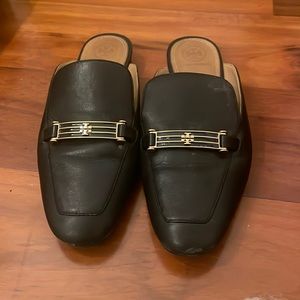 Tory Burch mules black with gold logo hardware